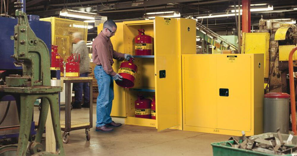 How to Choose a Flammable Storage Cabinet Yellow flammable storage cabinets in a machine shop
