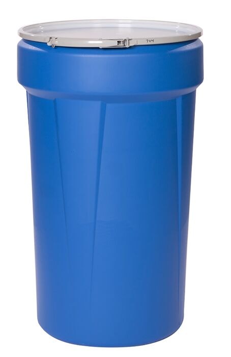 55 Gallon, Metal Lever-Lock, Open Head Lab Pack Plastic Barrel Drum, Blue - 1655MB
