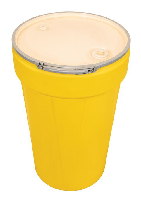 55 Gallon, Metal Lever-Lock, Lab Pack Open Head Plastic Barrel Drum with 1x2" and 1x3/4" Bung Holes, Yellow - 1655MBG