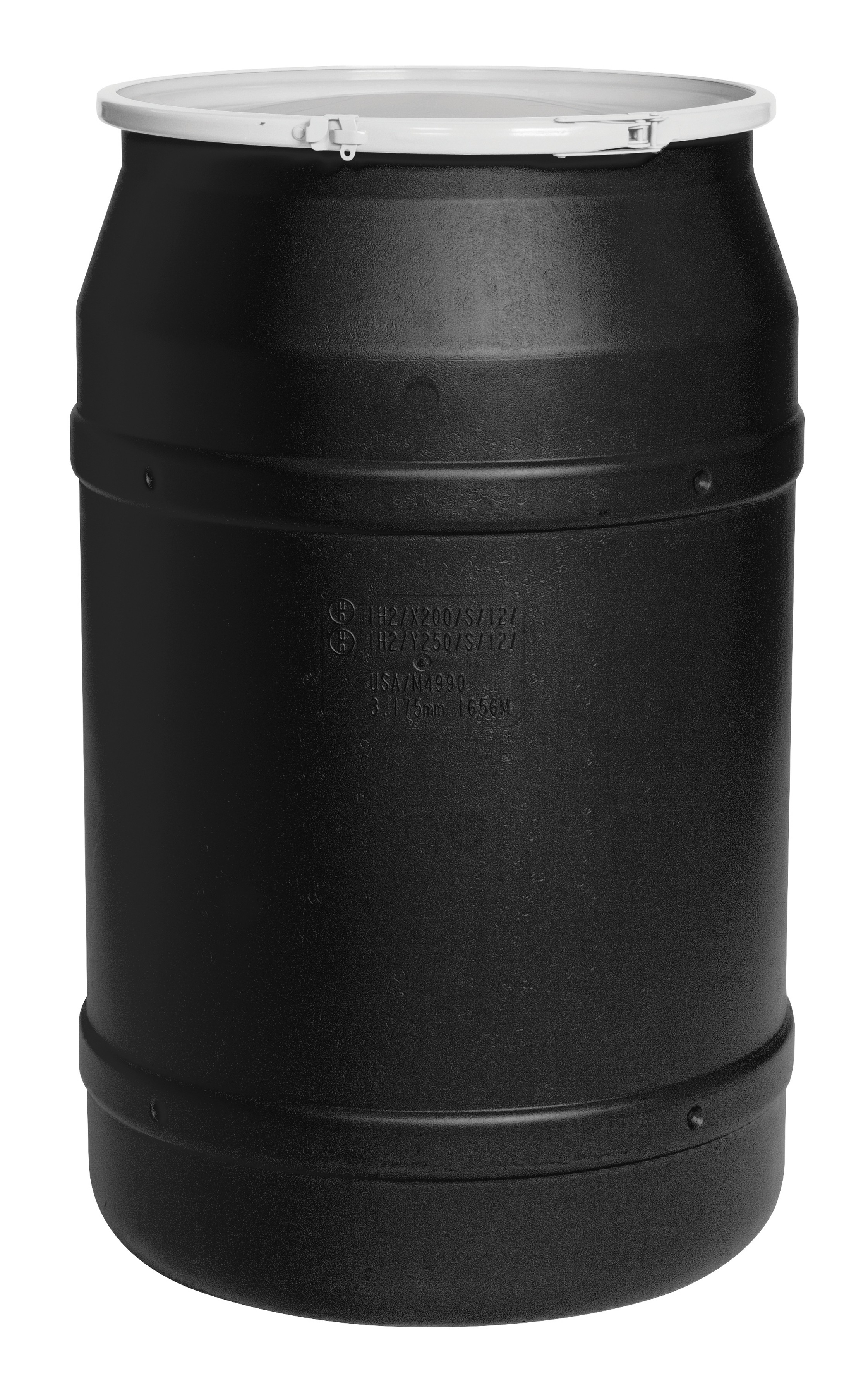55 Gallon, Plastic Lever-Lock, Lab Pack Open Head Plastic Barrel Drum with 1x2" and 1x3/4" Bung Holes, Black - 1656BLKBG