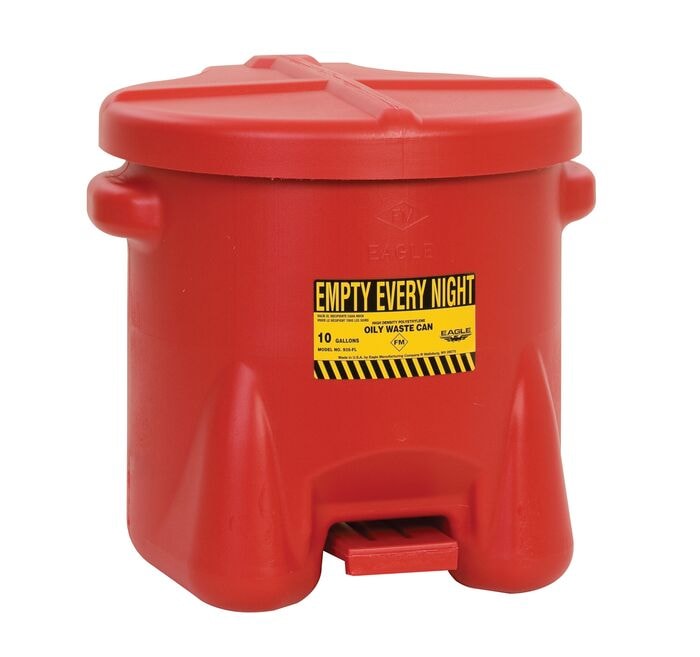 10 Gallon Plastic Oily Waste Can, Hands-Free, Self Close, Red - 935FL
