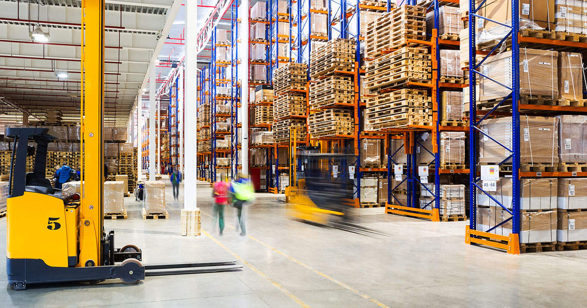 Large distribution warehouse with forklift