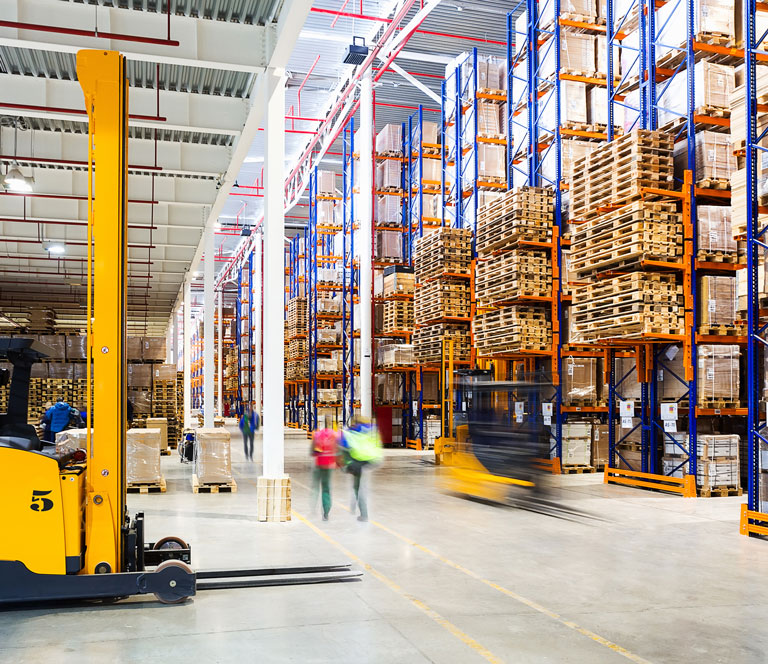 Large distribution warehouse with forklift