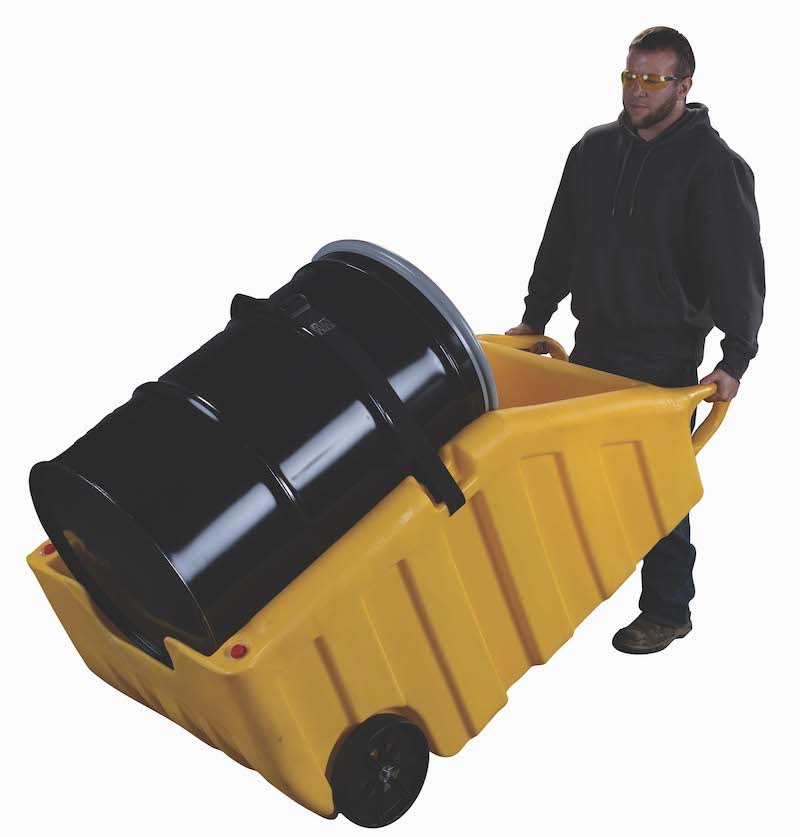 Worker moves 55-gallon drum with Eagle spill containment drum dolly model 1617Y